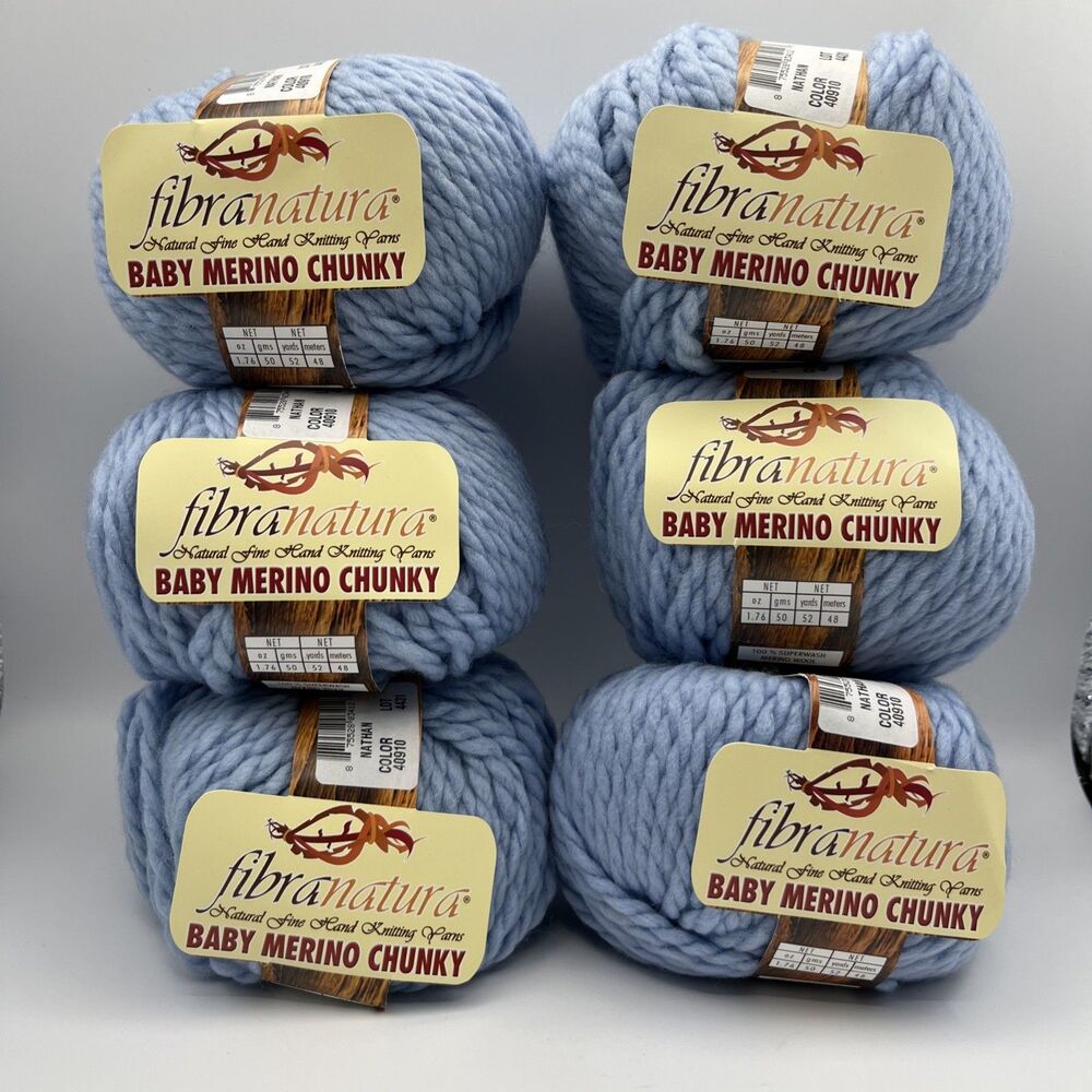 Fibra Natura Lot of 6 Baby Merino Chunky Light Blue Yarn Balls NEW- Nathan 40910